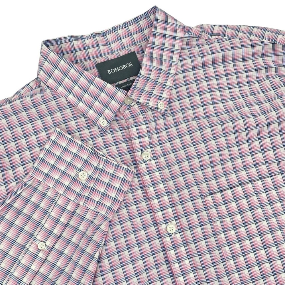 Bonobos Mens XL Standard‎ Fit Pink Plaid Long Sleeve Button Down Shirt